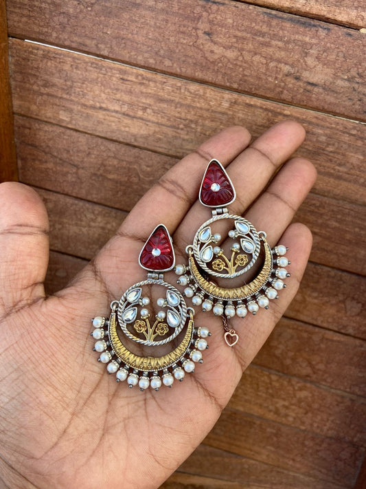 Two tone flower leaf chandbali earrings - Alluring Accessories