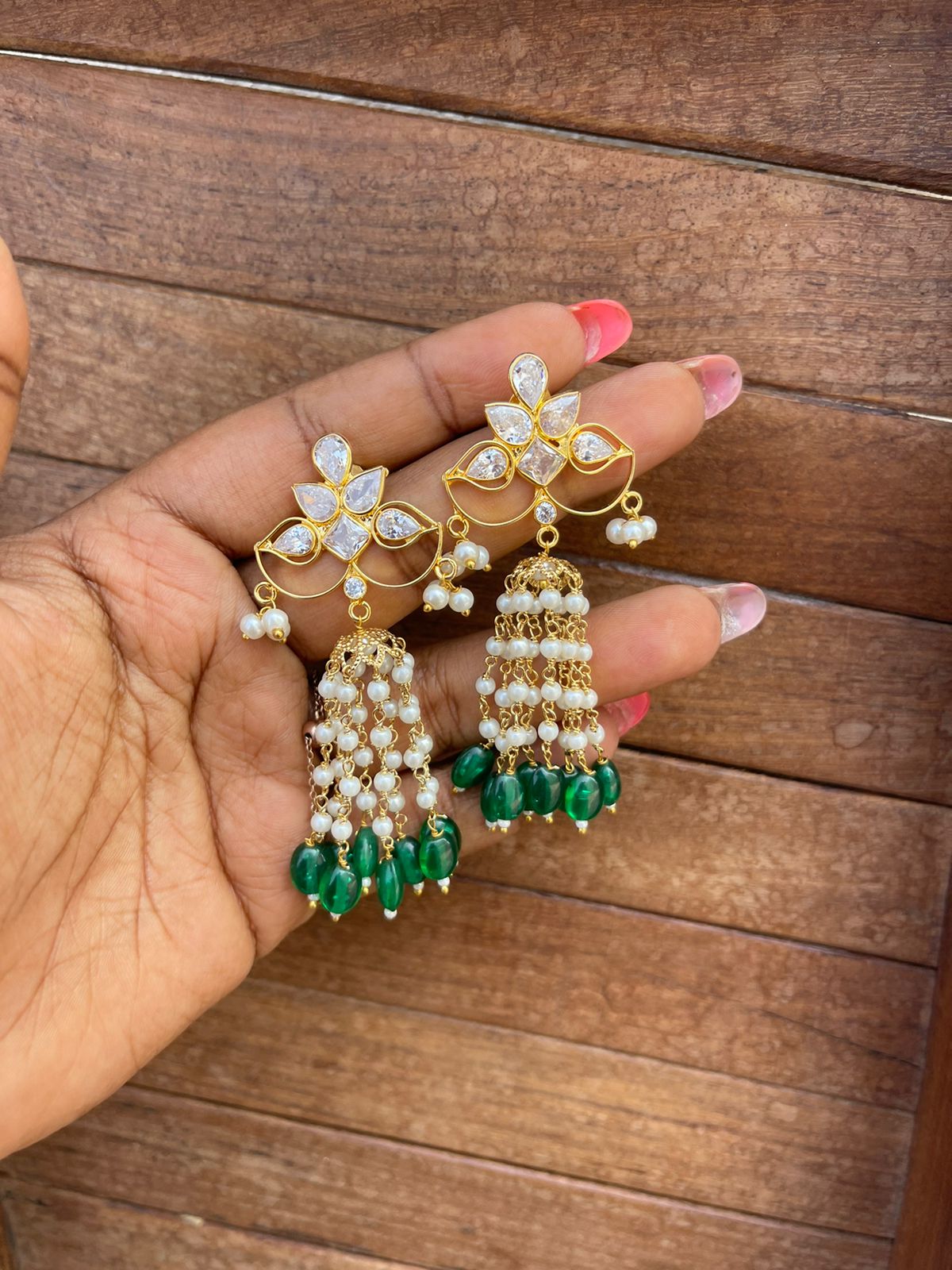 Uncut diamond pearl hanging jhumkas - Alluring Accessories