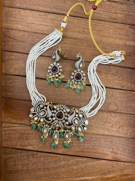 Victorian peacock real kundan choker with earrings - Alluring Accessories