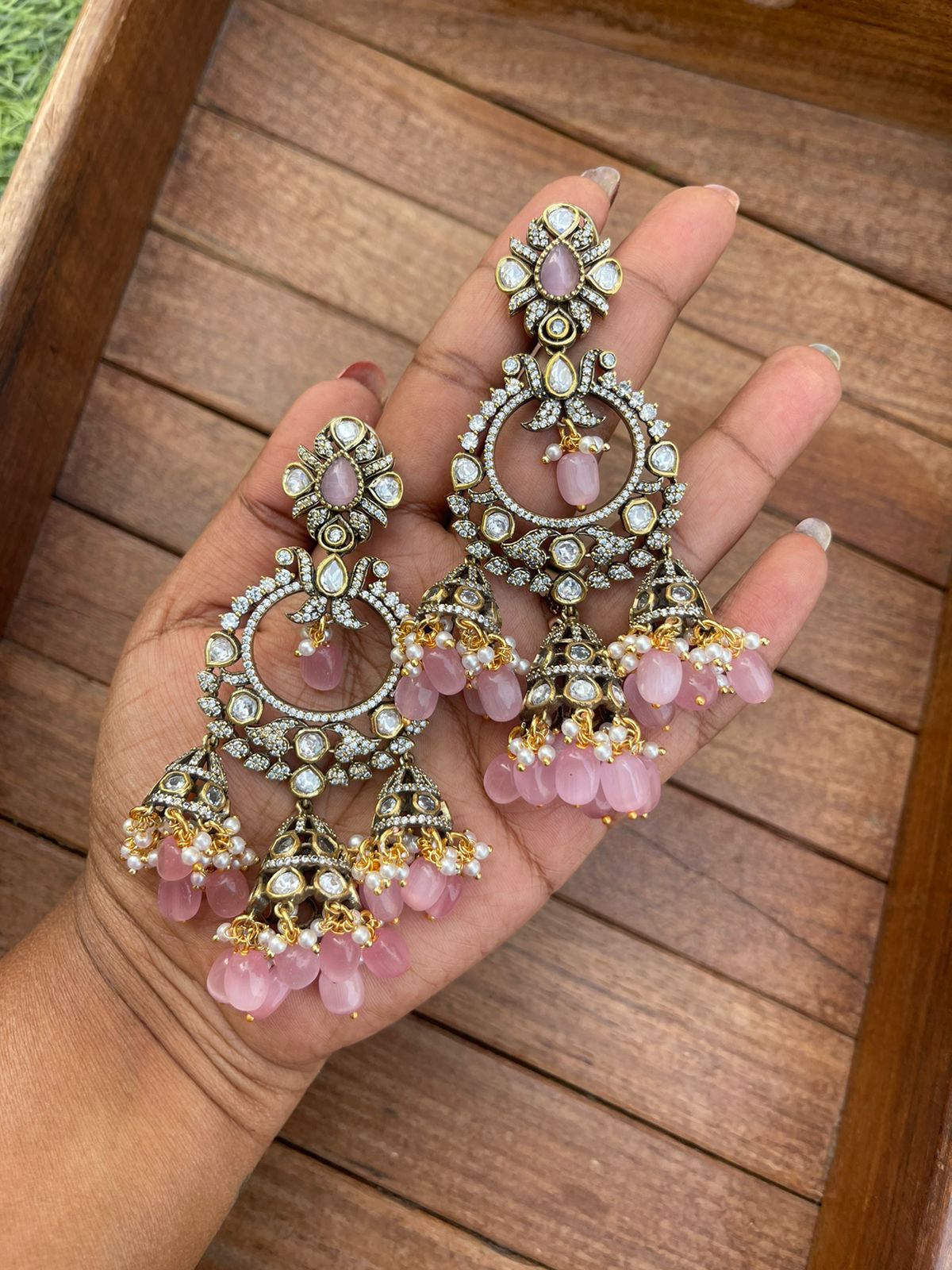 Victorian peacock three jhumka long earrings - Alluring Accessories