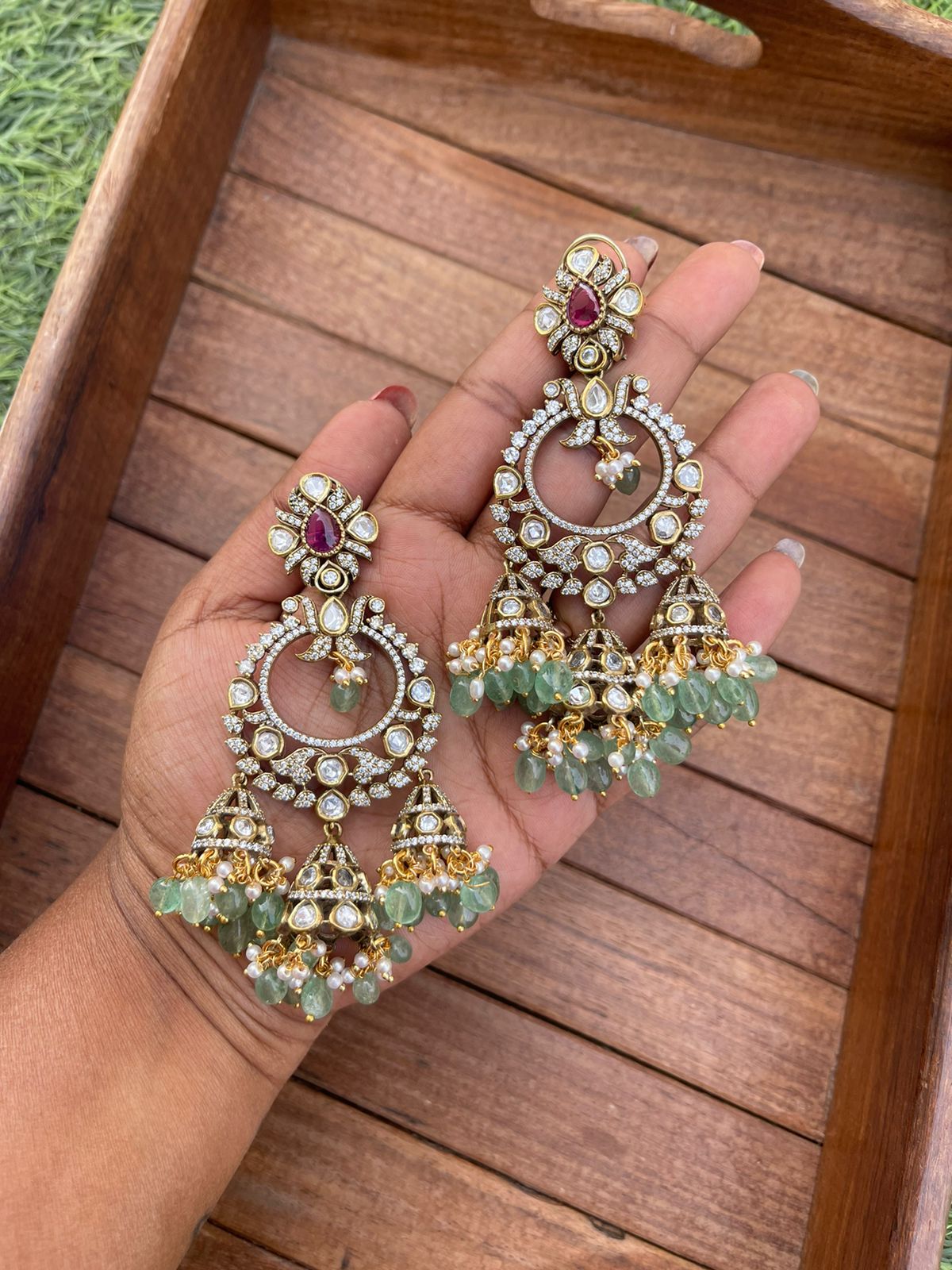 22K Jhumka Earrings - ErFc7929 - 22 karat gold Jhumka / chandelier earrings  with cubic zircon stones studded and small gold balls han