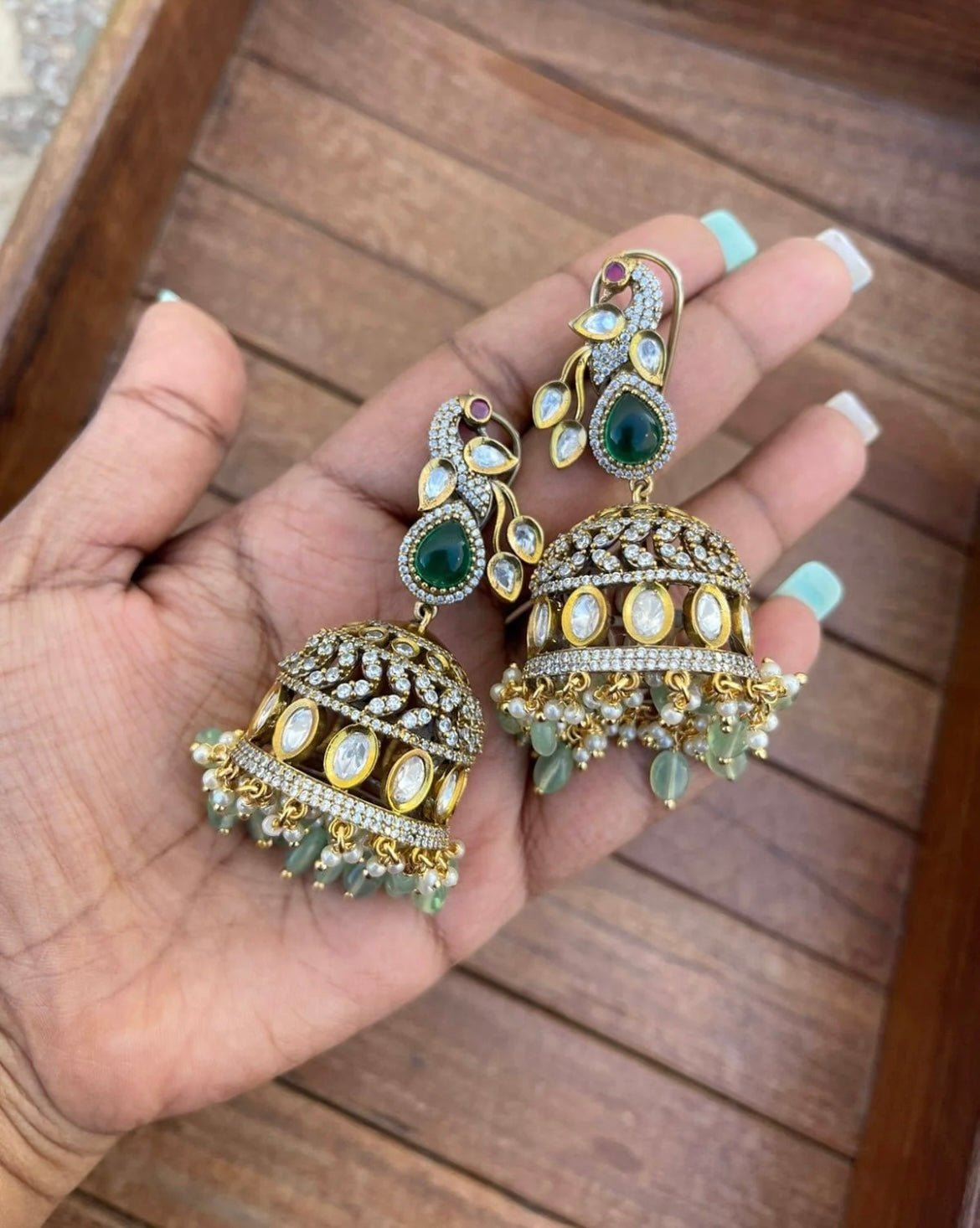 Victorian polish peacock real kundan jadau jhumkas - Alluring Accessories