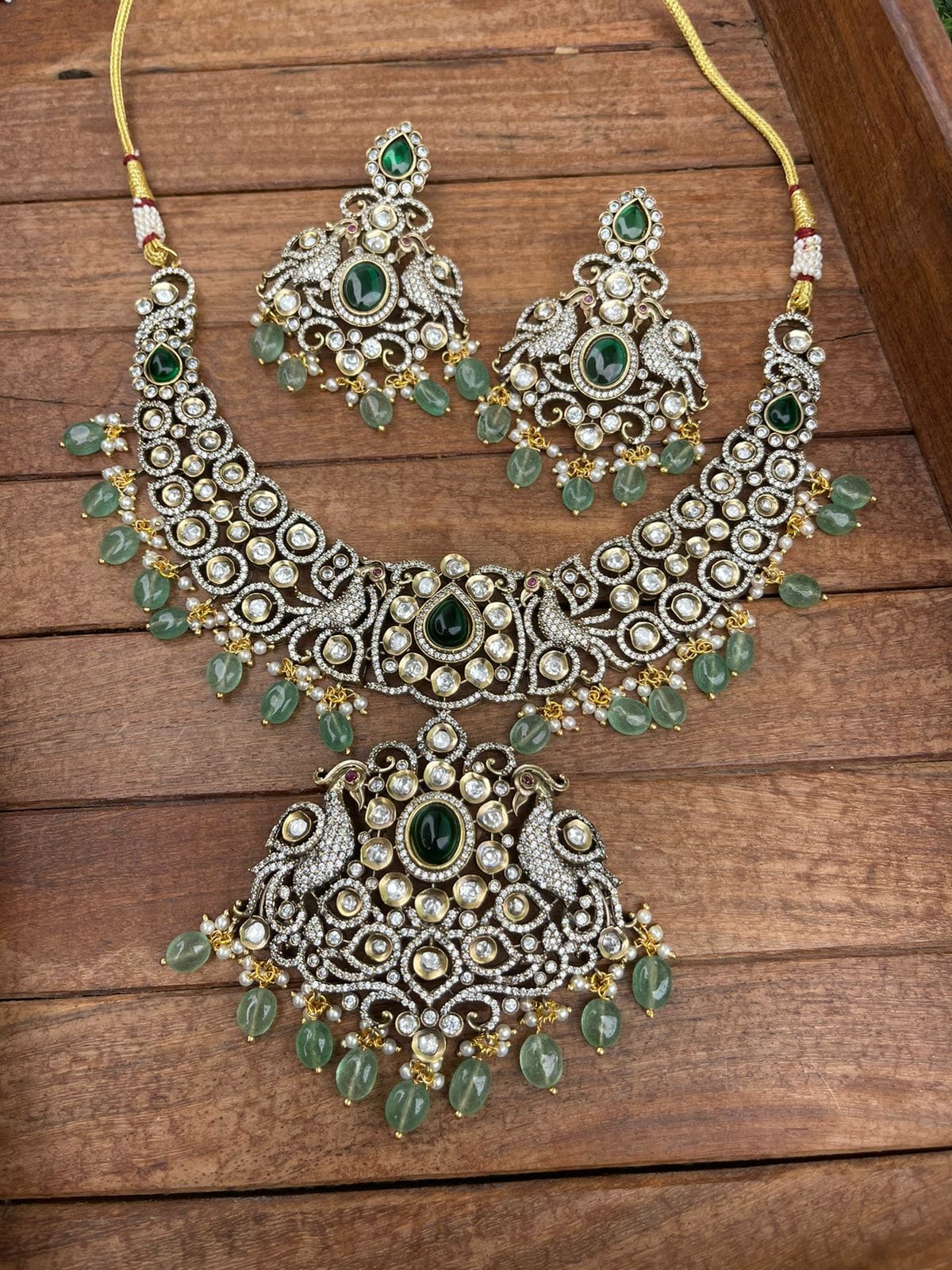 Victorian polish real kundan green beads peacock necklace - Alluring Accessories