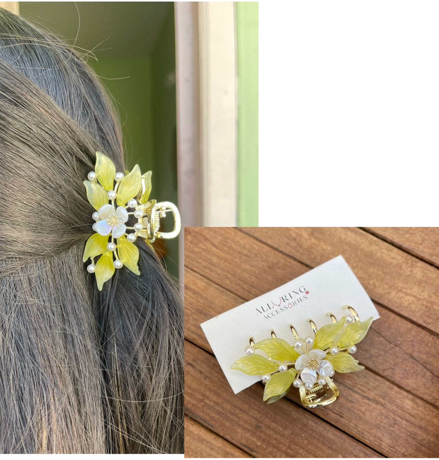 Yellow ceramic flower leaf clip - Alluring Accessories