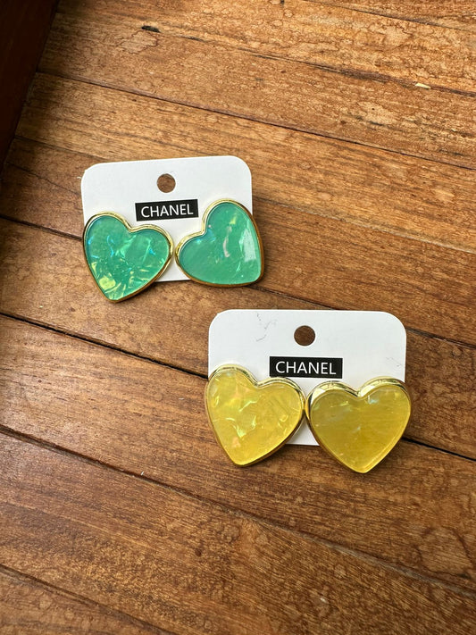 Yellow green big size heart studs - Alluring Accessories